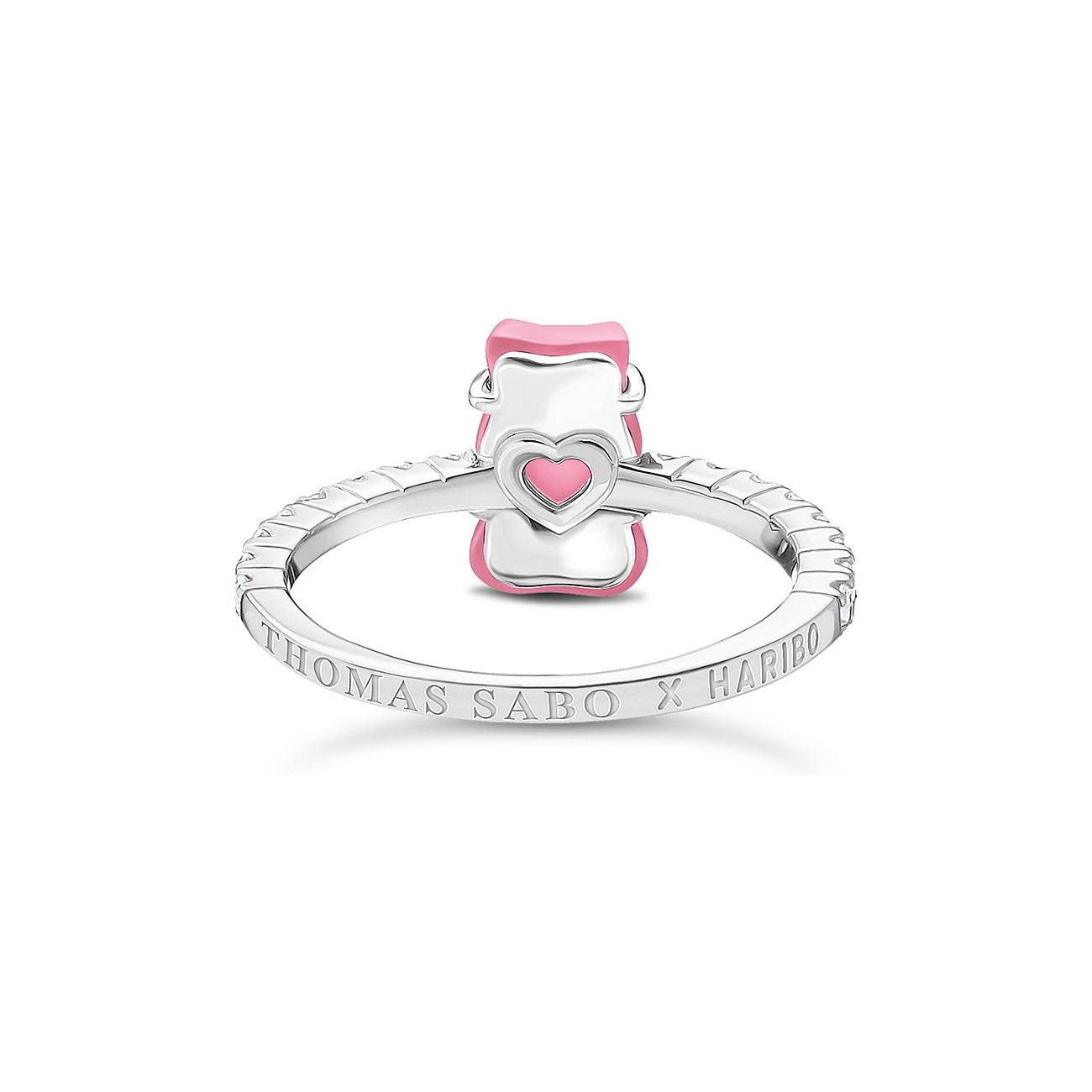 Thomas Sabo Ring aus Silber mit einem herzförmigen rosa Zirkonia im unteren Bereich des Rings.