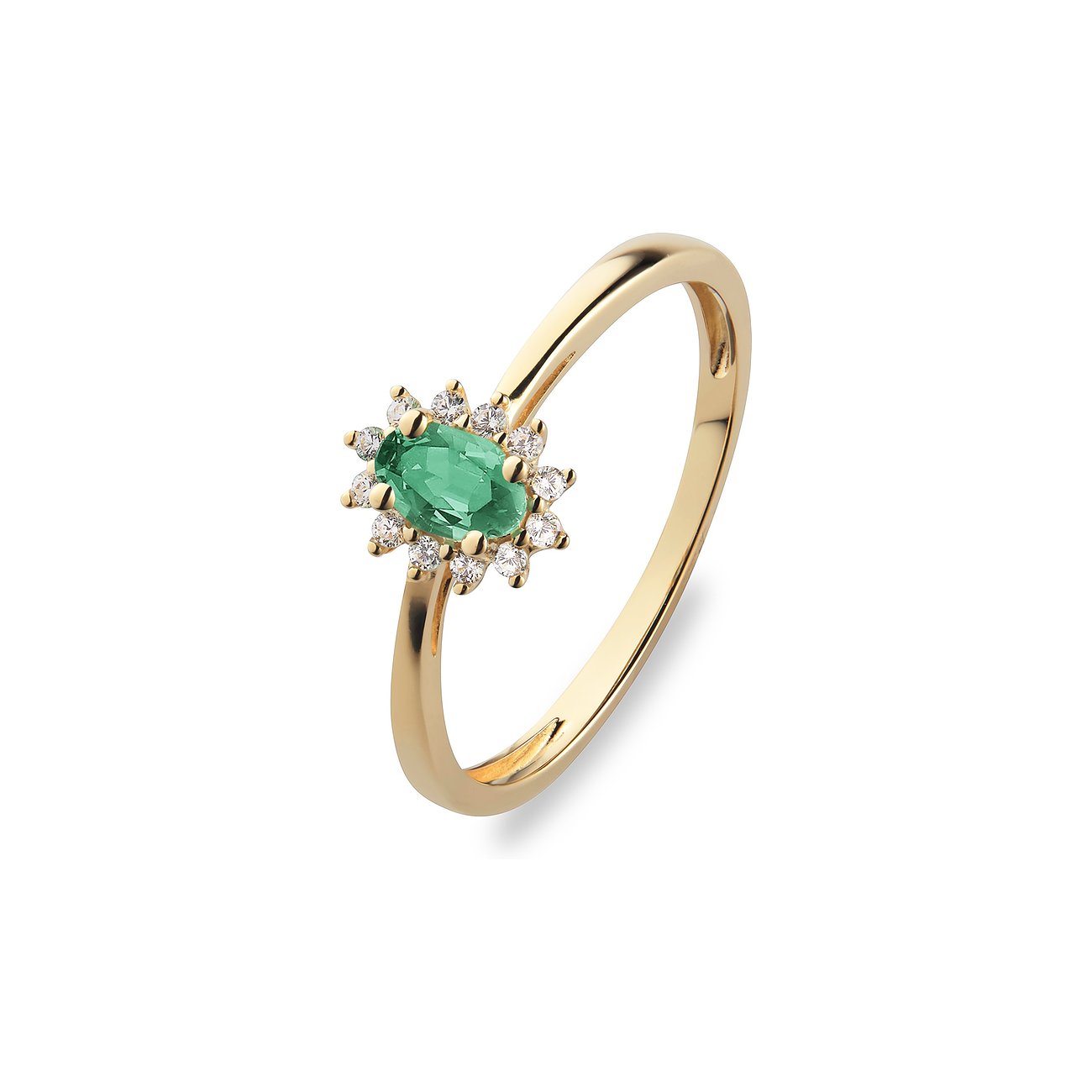CHRIST Ring aus 585 Gelbgold mit einem ovalen Smaragd, umrahmt von kleinen, klaren Ziersteinen, frontal gezeigt.