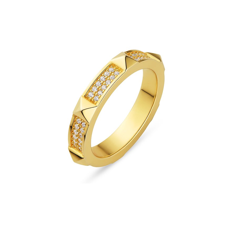JETTE Ring aus recyceltem Silber mit vergoldeter Oberfläche, besetzt mit funkelnden Zirkonia-Farbsteinen.