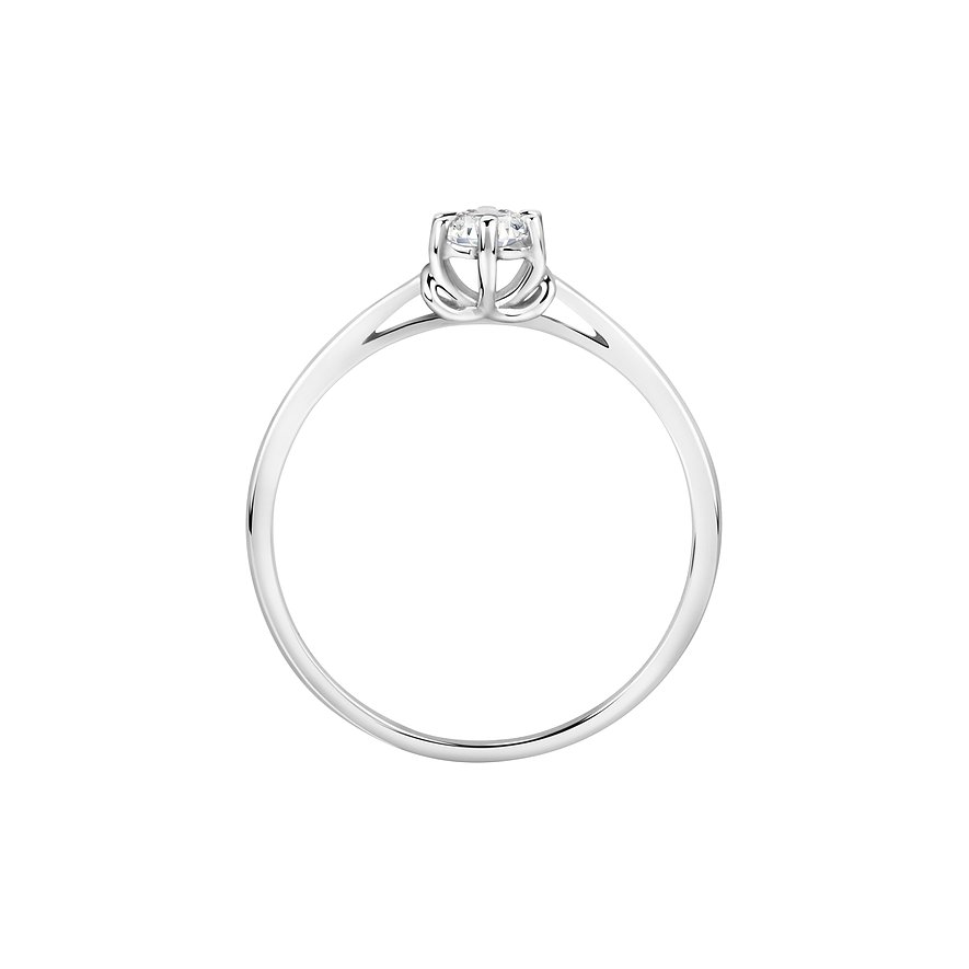 CHRIST Ring aus 585 Weißgold mit einem zentral gefassten Diamanten in Detailansicht, seitlich fotografiert.