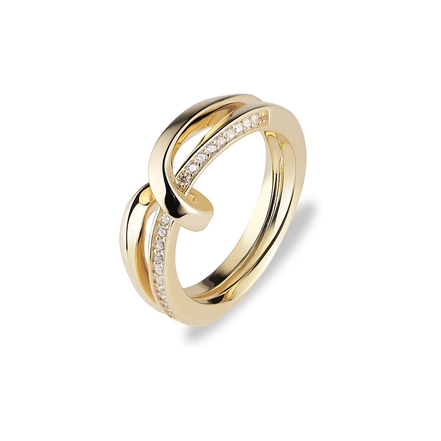 JETTE Ring aus recyceltem, goldfarbenem Silber 925 mit ineinander verschlungenen Bändern, eines davon mit Zirkonia.