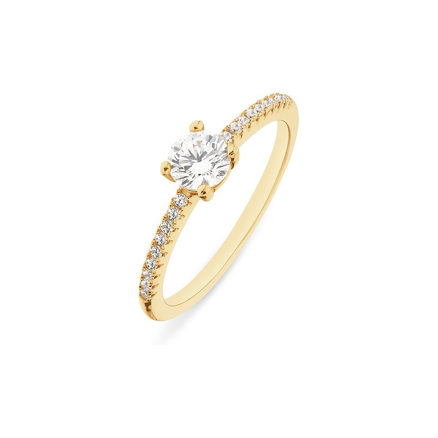 CHRIST Ring aus goldfarbenem Silber mit einem großen runden Zirkonia in einer Krappenfassung und kleineren Zirkonia.