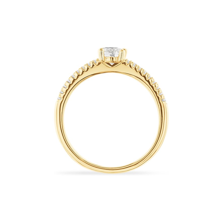 CHRIST Ring aus goldfarbenem 925er Silber mit einem zentralen Zirkonia und kleineren Zirkonia an den Ringseiten.