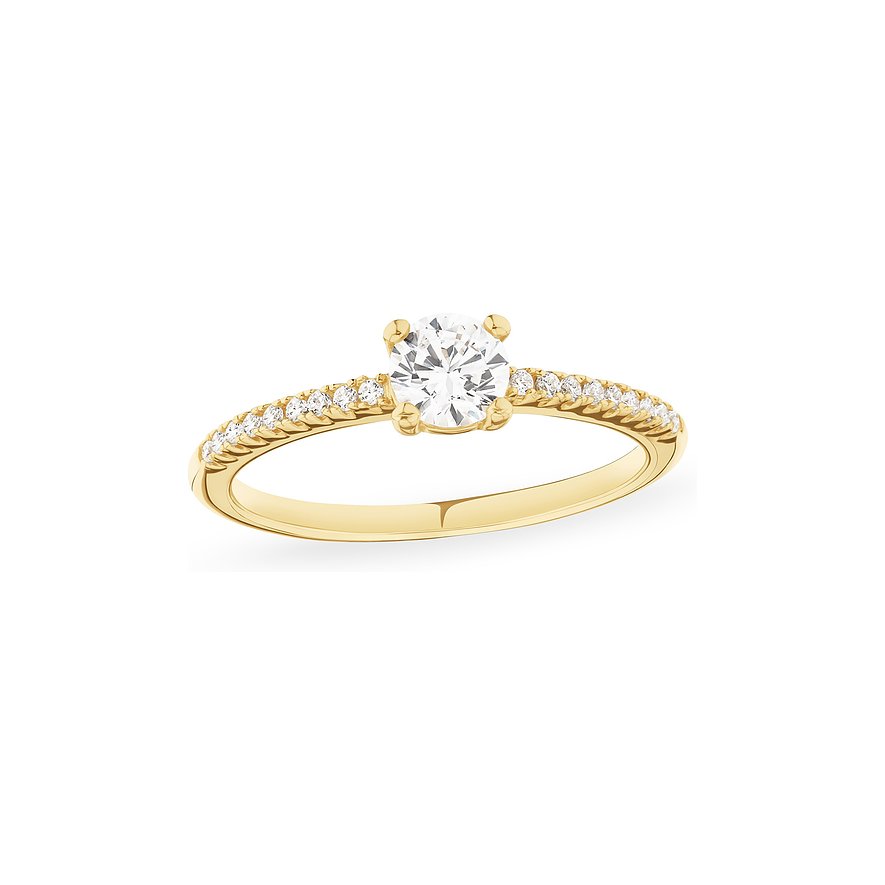 CHRIST Ring aus goldfarbenem Metall mit rundem Zirkonia und weiteren kleinen Zirkonia-Steinen auf der Ringschiene.