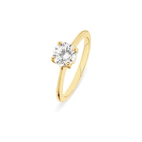CHRIST Ring aus goldfarbenem Metall mit einem runden, klaren Zirkoniastein in einer Krappenfassung.