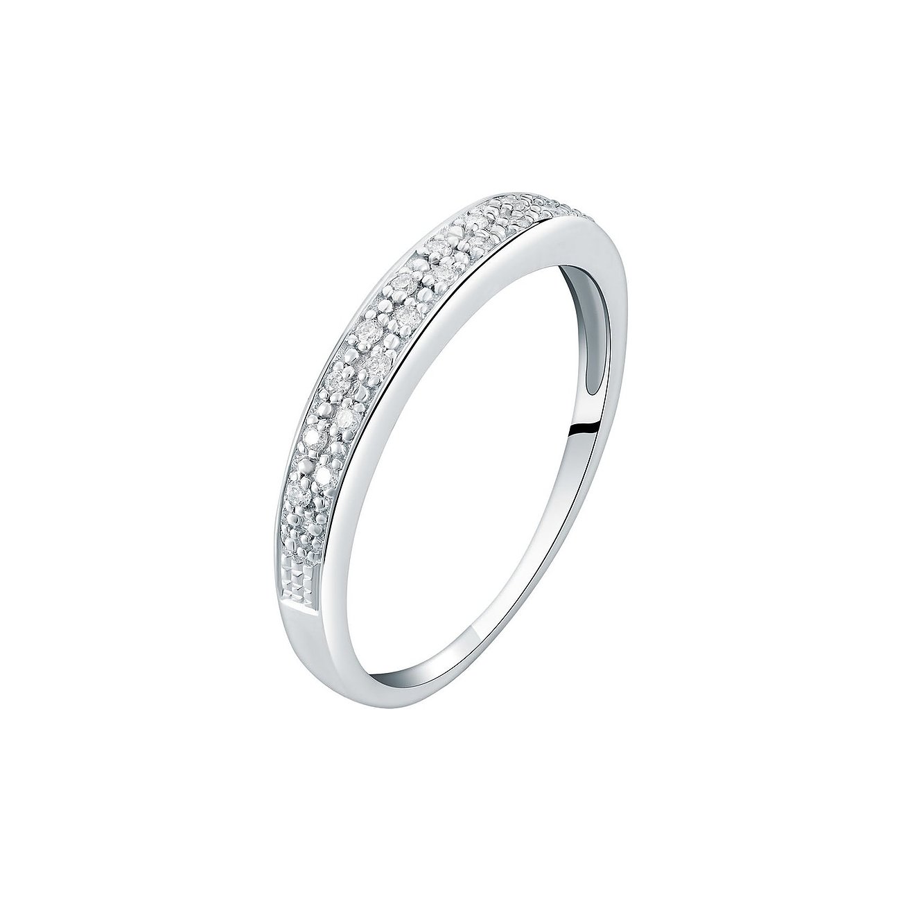 CHRIST Ring aus 585 Weißgold mit glänzenden Diamanten in zwei Reihen, von schräg oben vor weißem Hintergrund.