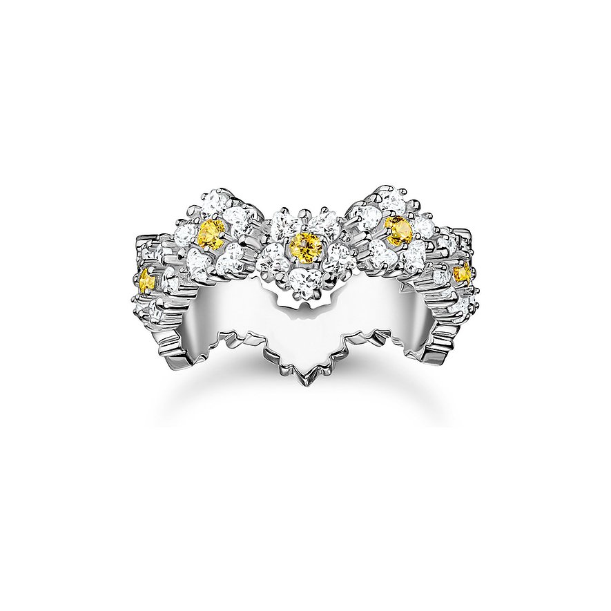 Thomas Sabo Ring aus 925er Silber mit wellenförmigem Rand und Zirkonia in Weiß und Gelb.