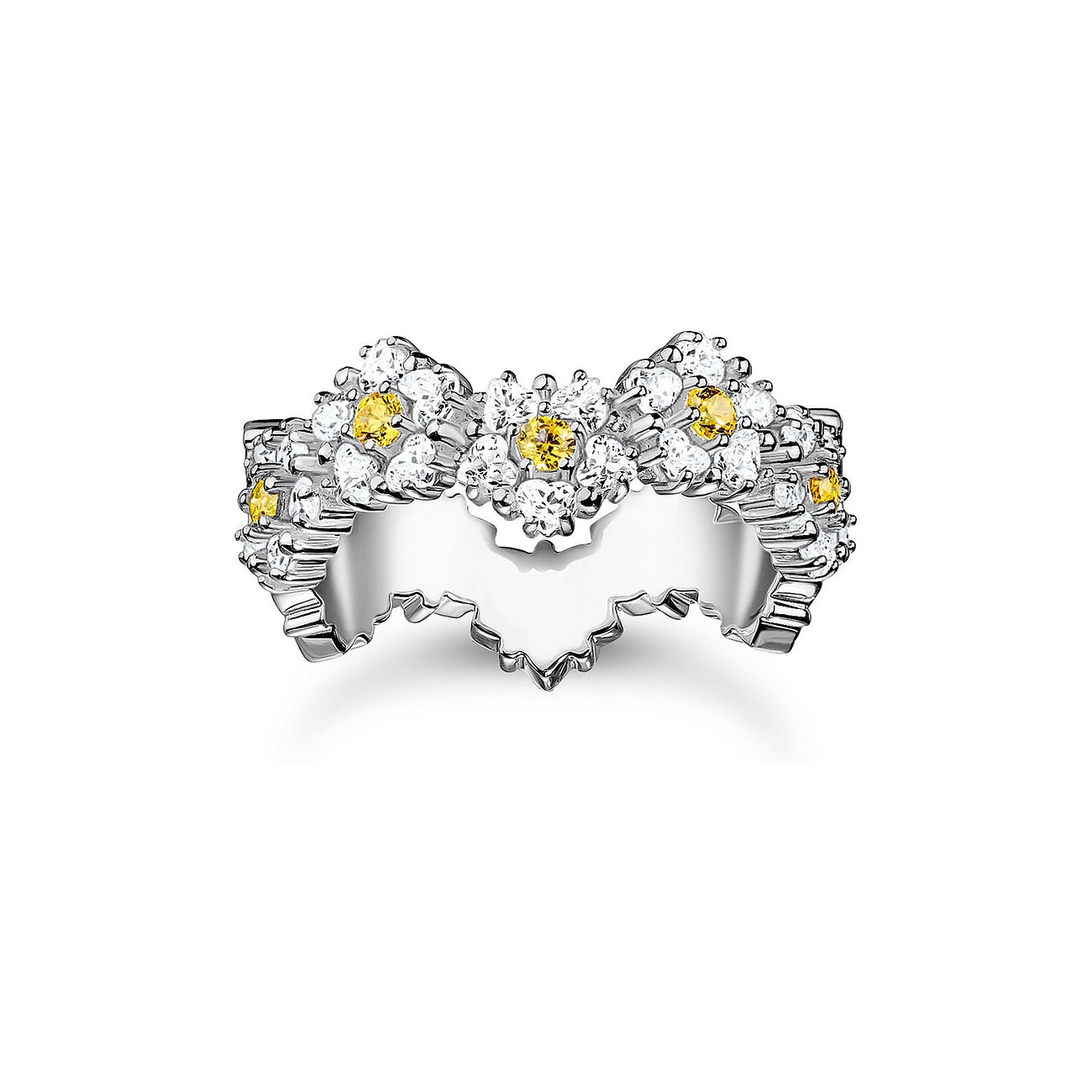 Thomas Sabo Ring aus 925er Silber mit wellenförmigem Rand und Zirkonia in Weiß und Gelb.