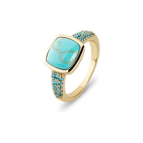 CHRIST Ring aus vergoldetem recyceltem Silber mit einem kissenförmigen Türkis und pavégefassten blauen Farbsteinen.