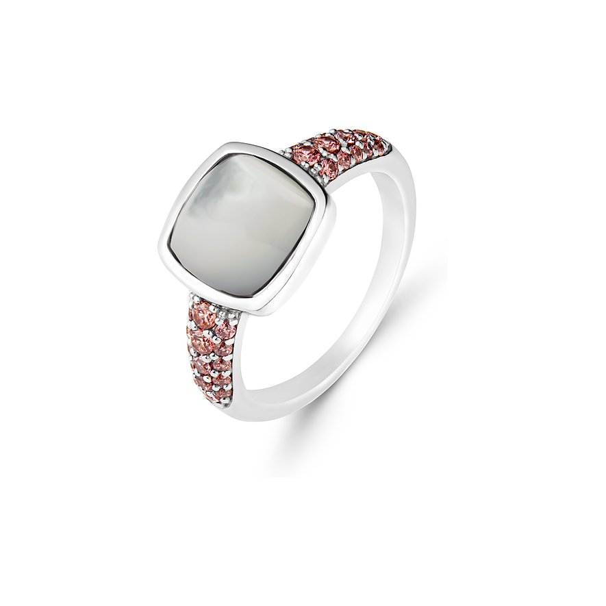 CHRIST Ring aus recyceltem Silber mit einer quadratischen Perle und rosa Schmucksteinen an den Seiten.