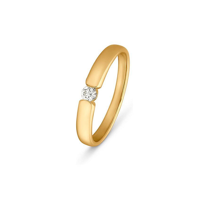 Nahaufnahme eines CHRIST Gelbgold-Rings mit einem einzelnen runden Diamanten in der Mitte, leicht schräg von oben.