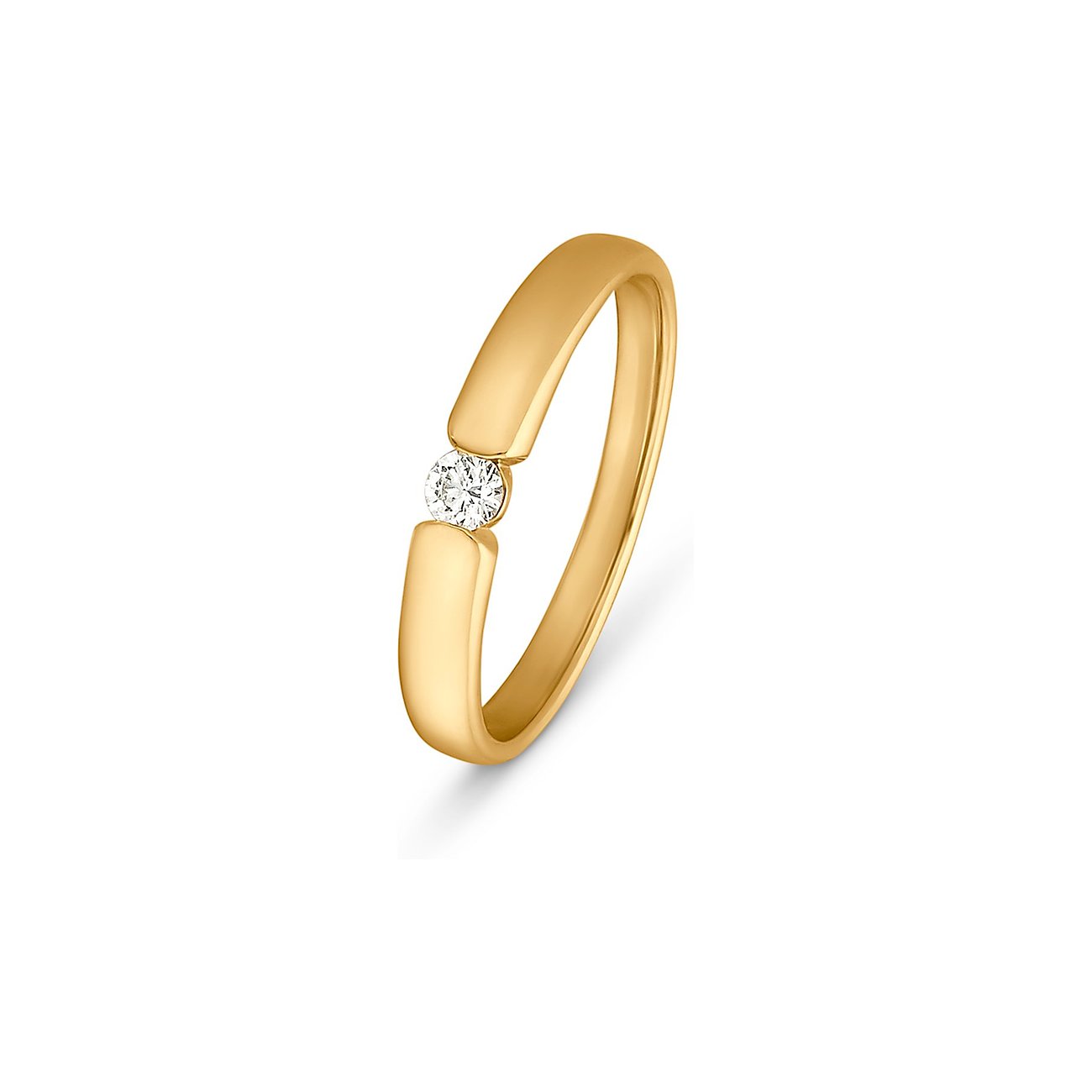Nahaufnahme eines CHRIST Gelbgold-Rings mit einem einzelnen runden Diamanten in der Mitte, leicht schräg von oben.