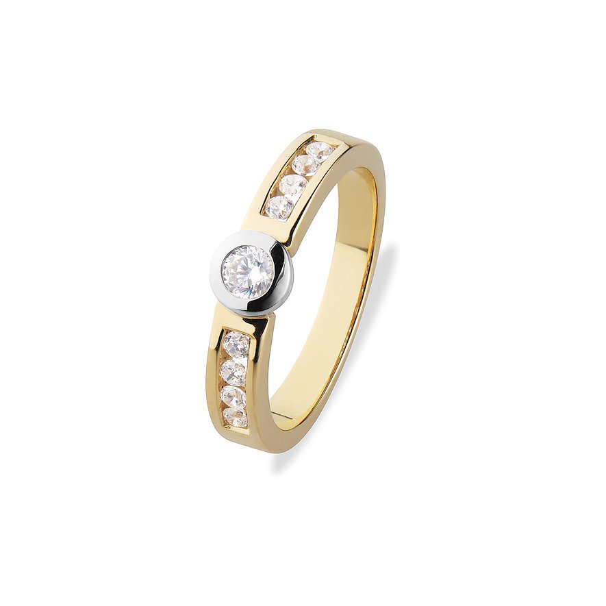CHRIST Ring aus Gelb- und Weißgold mit einem mittigen Diamanten und jeweils fünf Diamanten auf beiden Seiten des Rings.