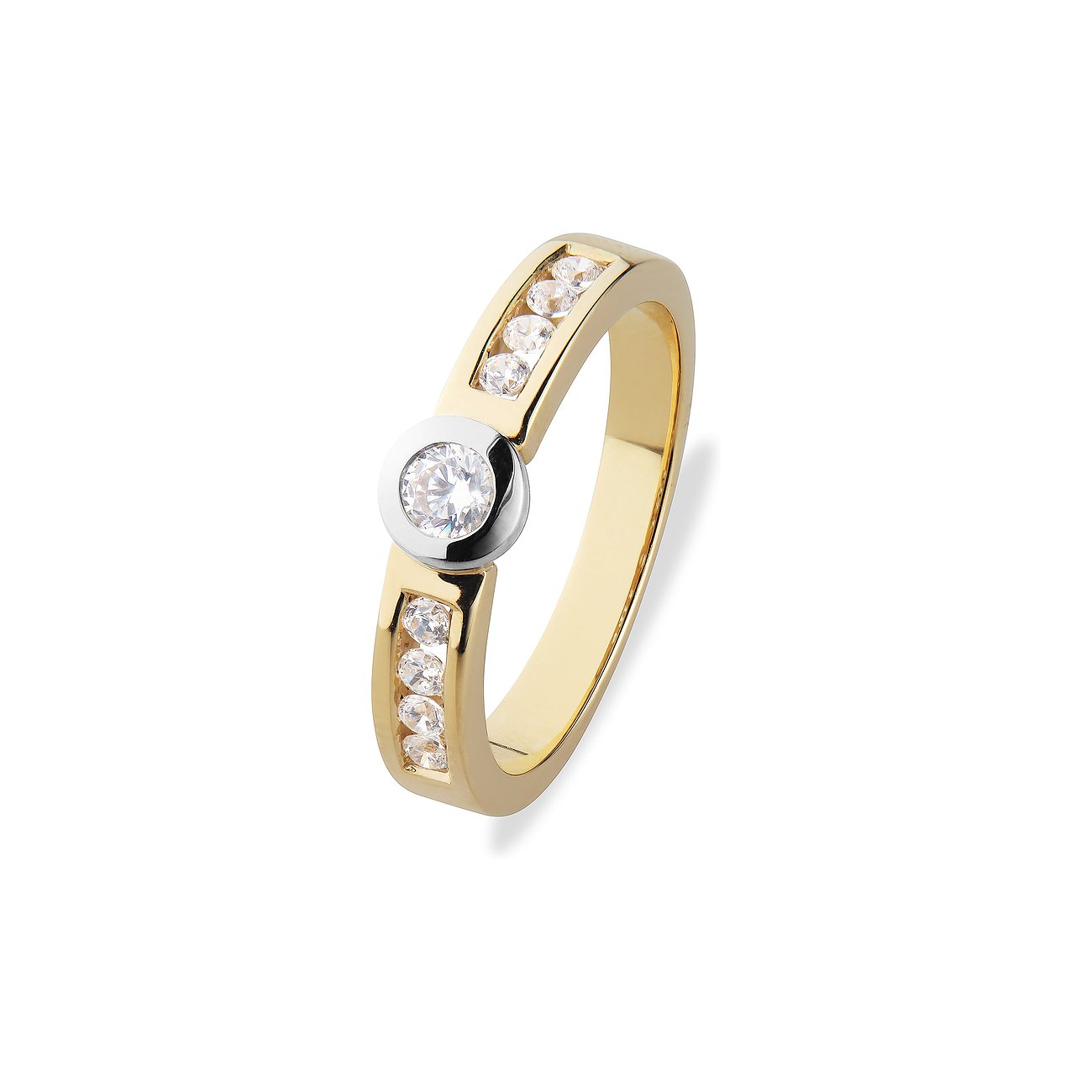 CHRIST Ring aus Gelb- und Weißgold mit einem mittigen Diamanten und jeweils fünf Diamanten auf beiden Seiten des Rings.