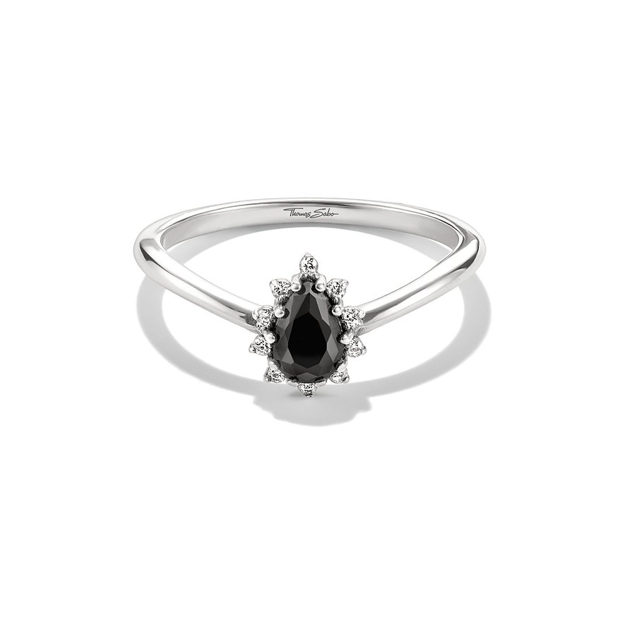 Thomas Sabo Ring aus 925er Silber mit tropfenförmigem schwarzem Zirkonia, umrandet von kleineren weißen Zirkonia.