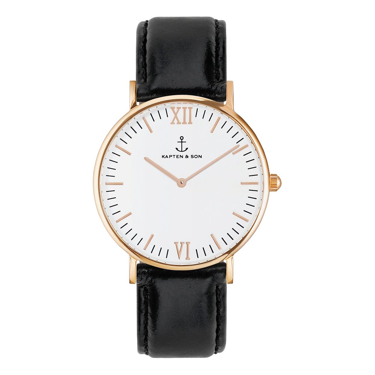 Kapten & Son Herrenuhr mit Edelstahlgehäuse, weißem Zifferblatt und Anker-Logo.