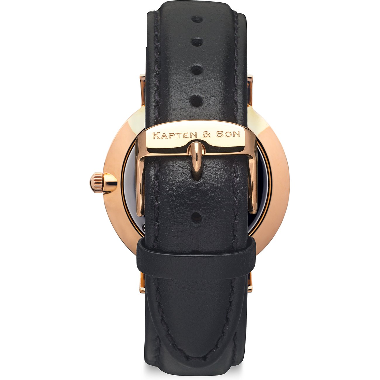 Kapten & Son Herrenuhr mit Edelstahlgehäuse, roségoldfarben, schwarzes Lederarmband.