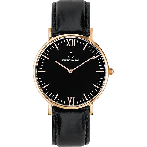 Kapten & Son Herrenuhr mit Edelstahlgehäuse, schwarzem Zifferblatt und Anker-Logo.