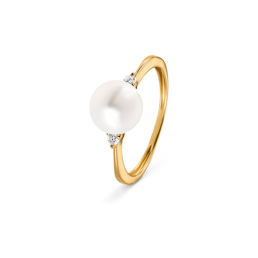 YAMOKO Ring aus 585 Gelbgold mit einer runden Perle, flankiert von zwei kleinen runden, klaren Schmucksteinen.