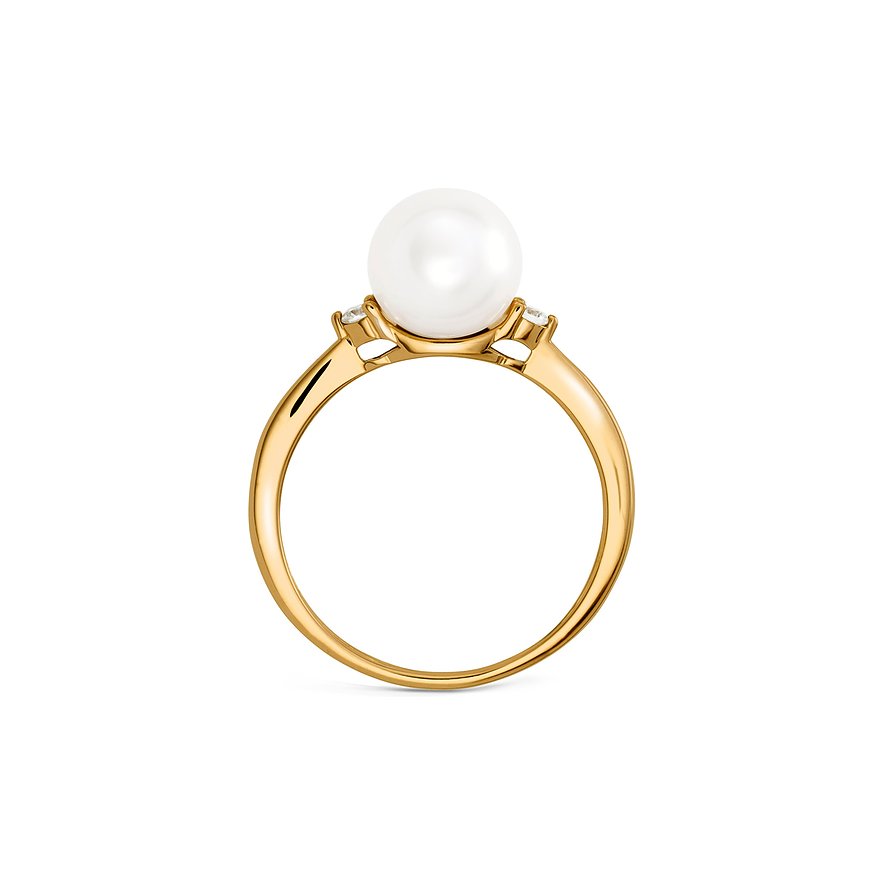 YAMOKO Ring aus 585 Gelbgold mit einer runden weißen Perle in Krappenfassung und zwei kleineren Steinen.