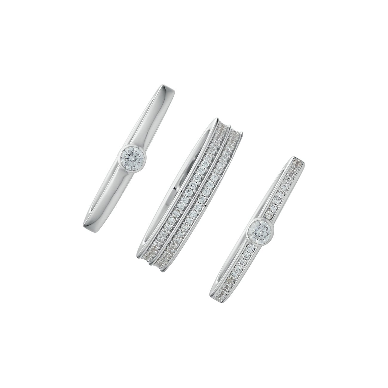 JETTE Ring aus rhodiniertem 925er Silber mit Zirkonia, zweireihig besetzt.