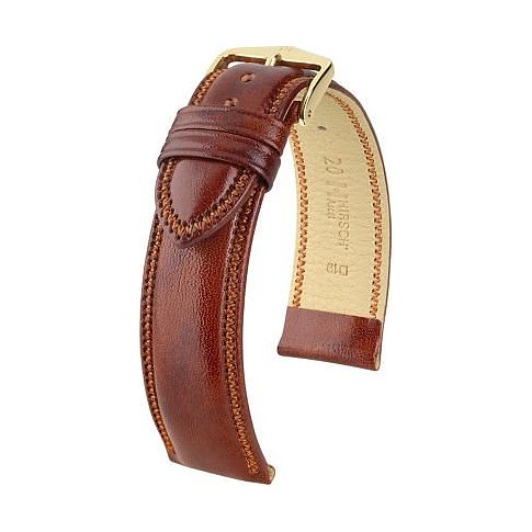 Hirsch Leder-Uhrenarmband mit goldfarbener Dornschließe und brauner Naht.