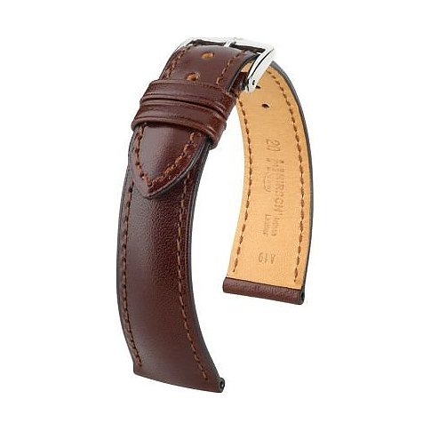 Hirsch Leder-Uhrenarmband in Braun mit silberfarbener Schließe.