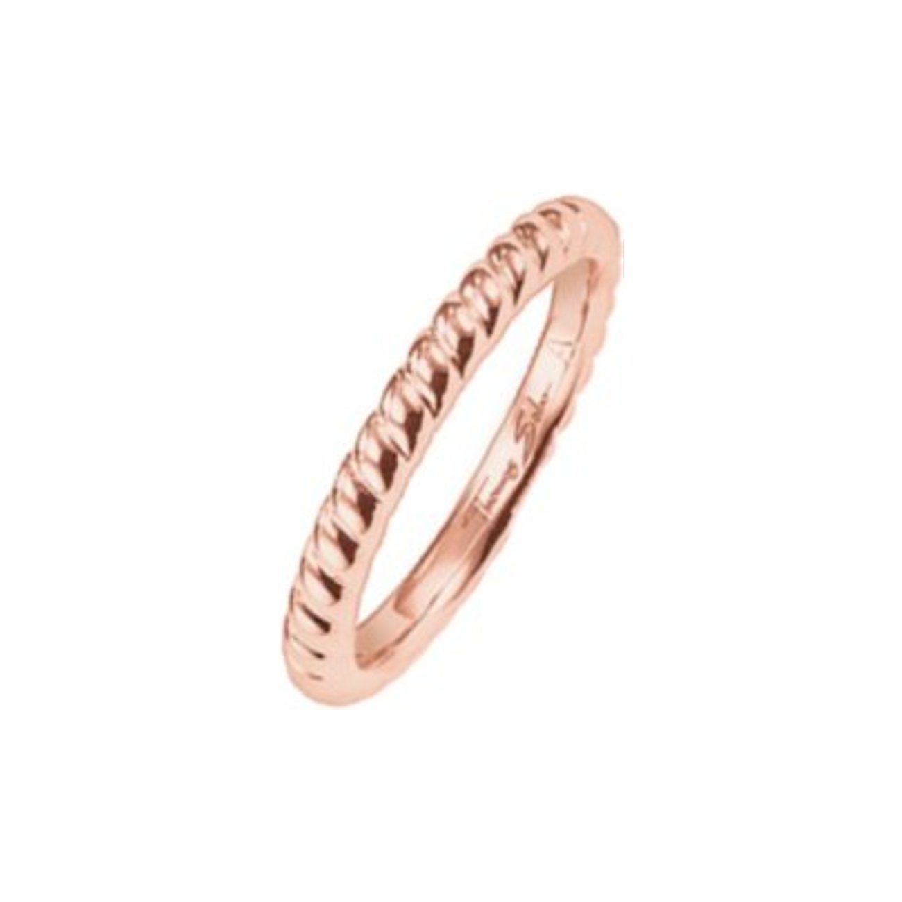 Ein Thomas Sabo Ring aus Roségold und Silber mit geflochtener Textur, schräg vor einem weißen Hintergrund