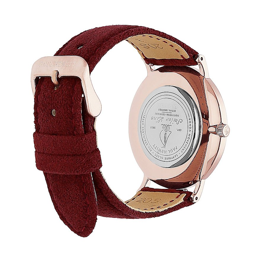 Rückansicht einer Paul Hewitt Damenuhr aus Edelstahl mit roségoldenem Gehäuse und bordeauxrotem Armband.