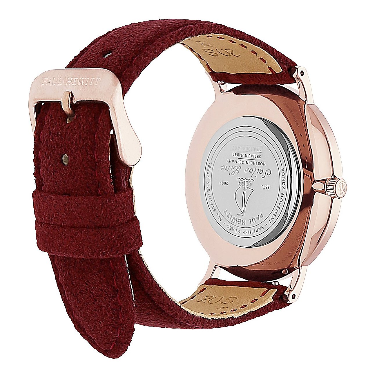 Rückansicht einer Paul Hewitt Damenuhr aus Edelstahl mit roségoldenem Gehäuse und bordeauxrotem Armband.
