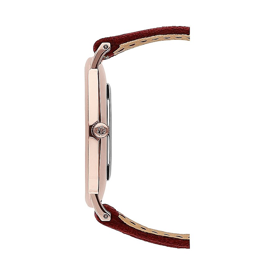 Seitenansicht der Paul Hewitt Damenuhr aus roséfarbenem Edelstahl mit dunkelrotem Armband auf weißem Hintergrund.