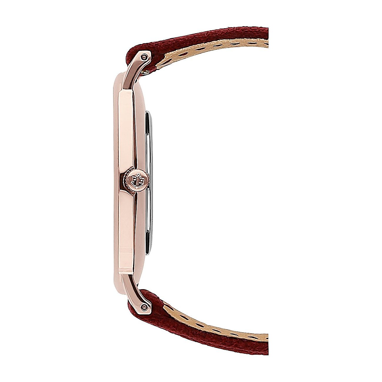 Seitenansicht der Paul Hewitt Damenuhr aus roséfarbenem Edelstahl mit dunkelrotem Armband auf weißem Hintergrund.