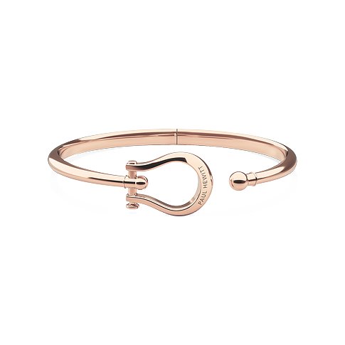 Paul Hewitt Armschmuck aus roségoldfarbenem Edelstahl. Der Armreif hat ein glänzendes, bügelförmiges Verschlussdetail.