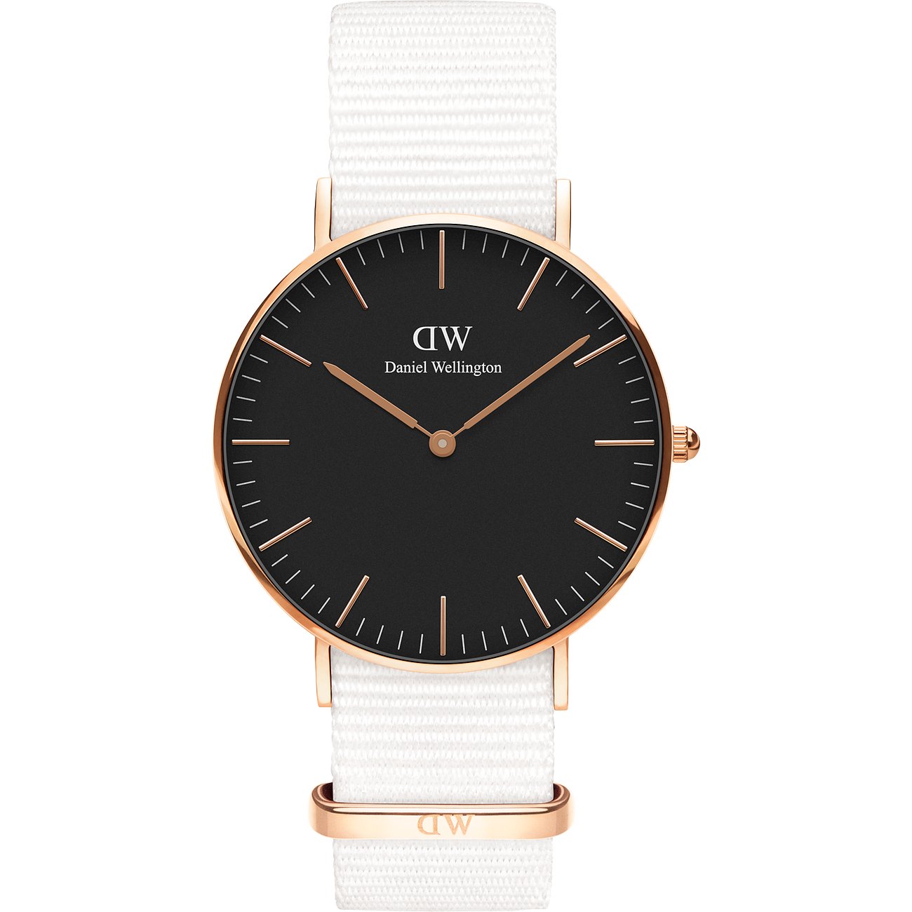 Montre unisexe Daniel Wellington en acier inoxydable couleur or rose, cadran noir et bracelet textile blanc.
