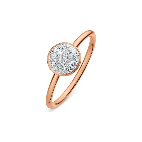 CHRIST Ring aus Rotgold mit einem runden Aufsatz, der mit vielen funkelnden Diamanten besetzt ist.