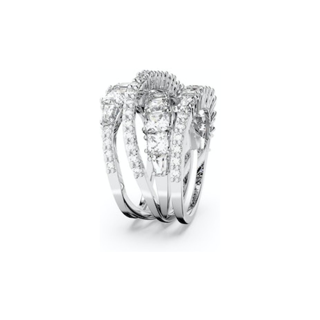 Swarovski Ring aus Metall mit drei Reihen von funkelnden Swarovski-Kristallen in mehreren Steinfassungen.