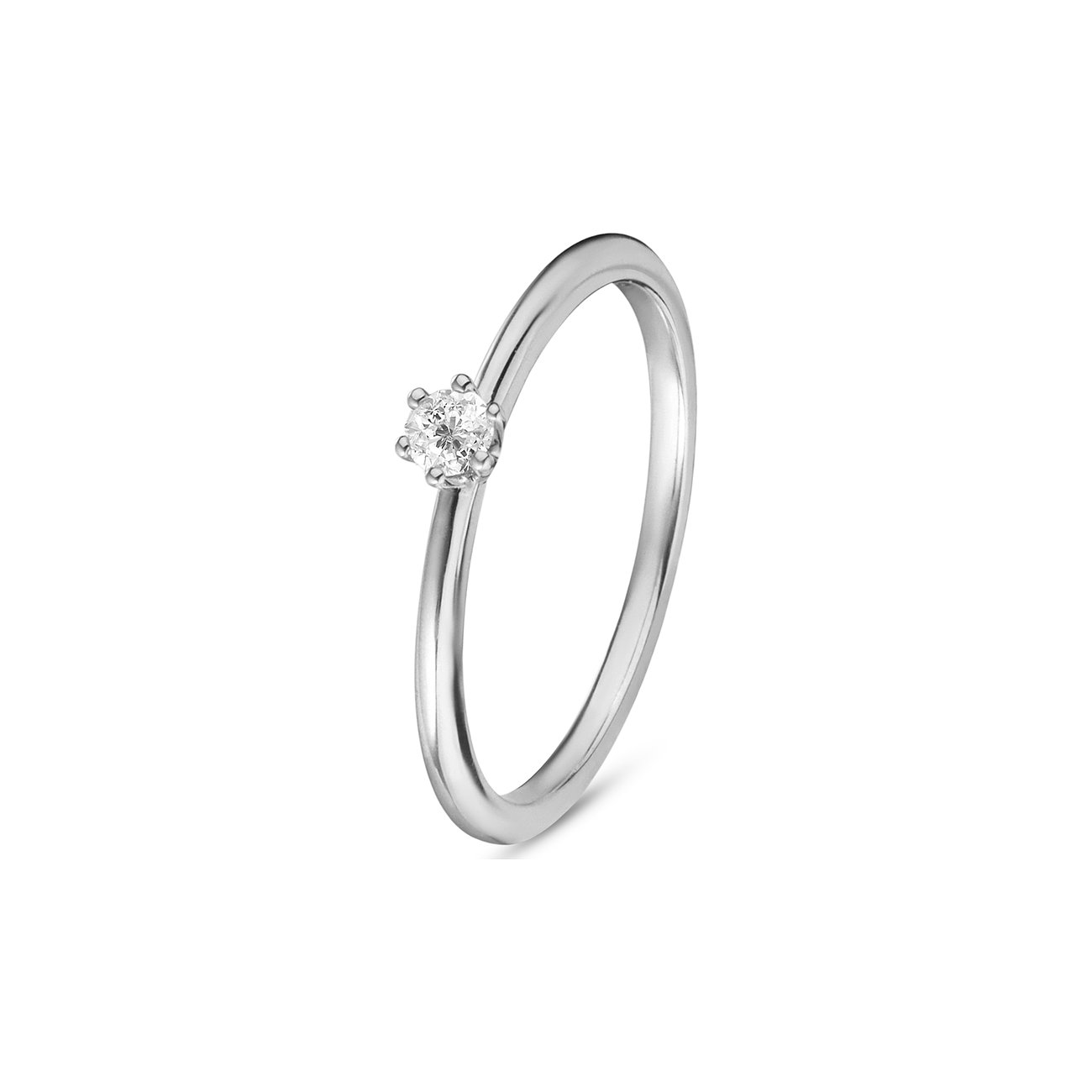 CHRIST Ring aus 585er Weißgold mit einem mittig gefassten, runden Diamanten, aus leicht erhöhter Perspektive.