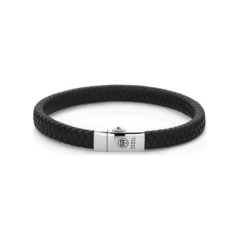 Rebel & Rose Armband aus geflochtenem schwarzem Leder mit einem glänzenden silberfarbenen Magnetverschluss.