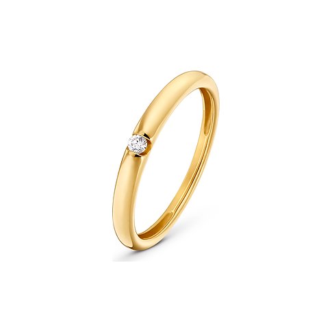 Runder Ring aus 375er Gelbgold mit einem Diamanten, der in die Ringschiene eingelassen ist.