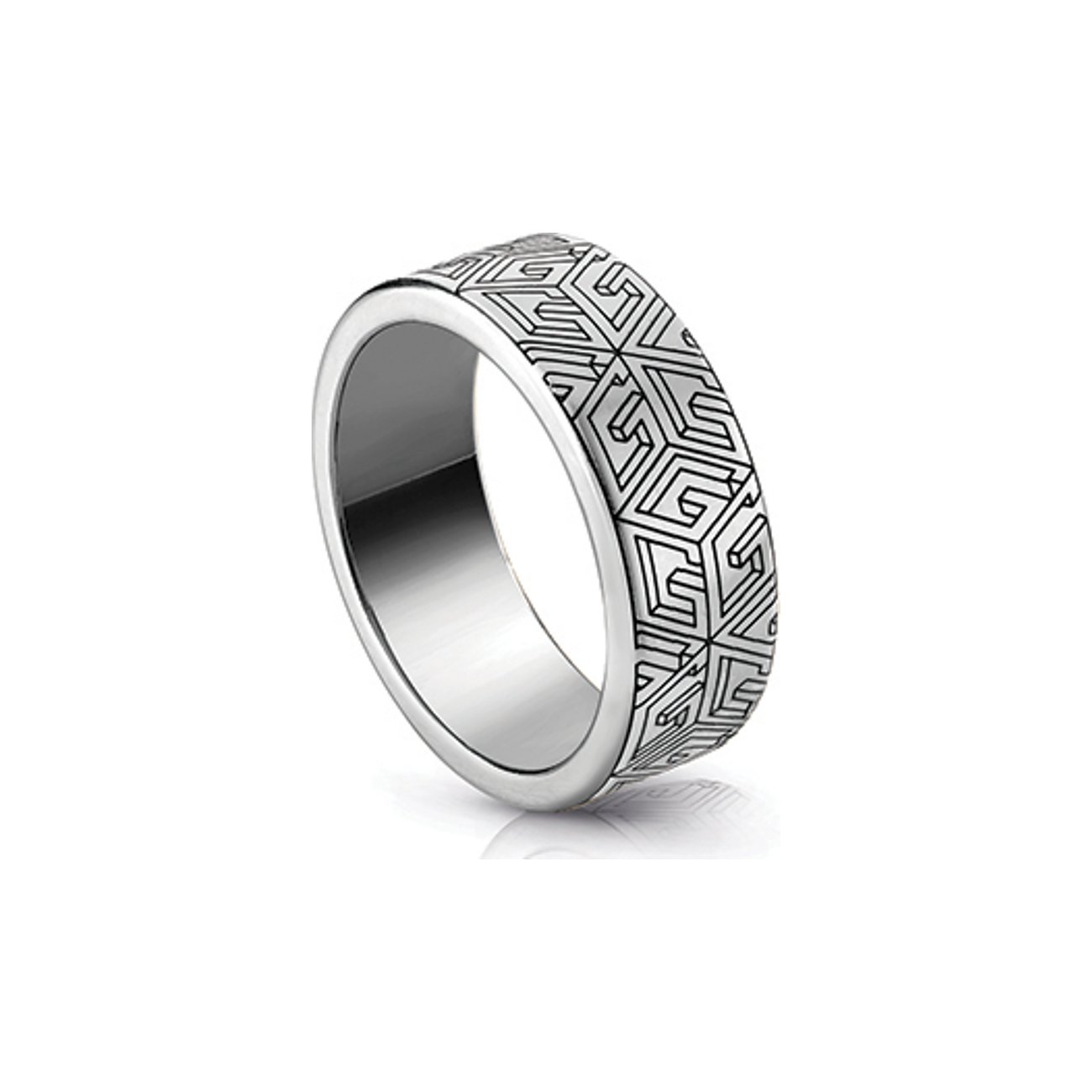 Ein silberner Guess Edelstahl-Ring mit geometrischem Muster, aus der Vogelperspektive gesehen.
