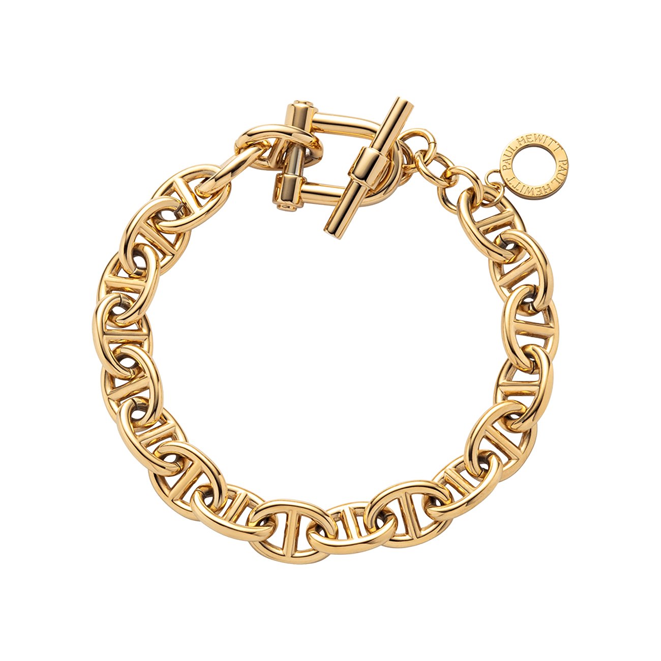 Paul Hewitt Armband aus goldfarbenem Edelstahl mit Ankerkettengliedern und Knebelverschluss, auf Weiß.