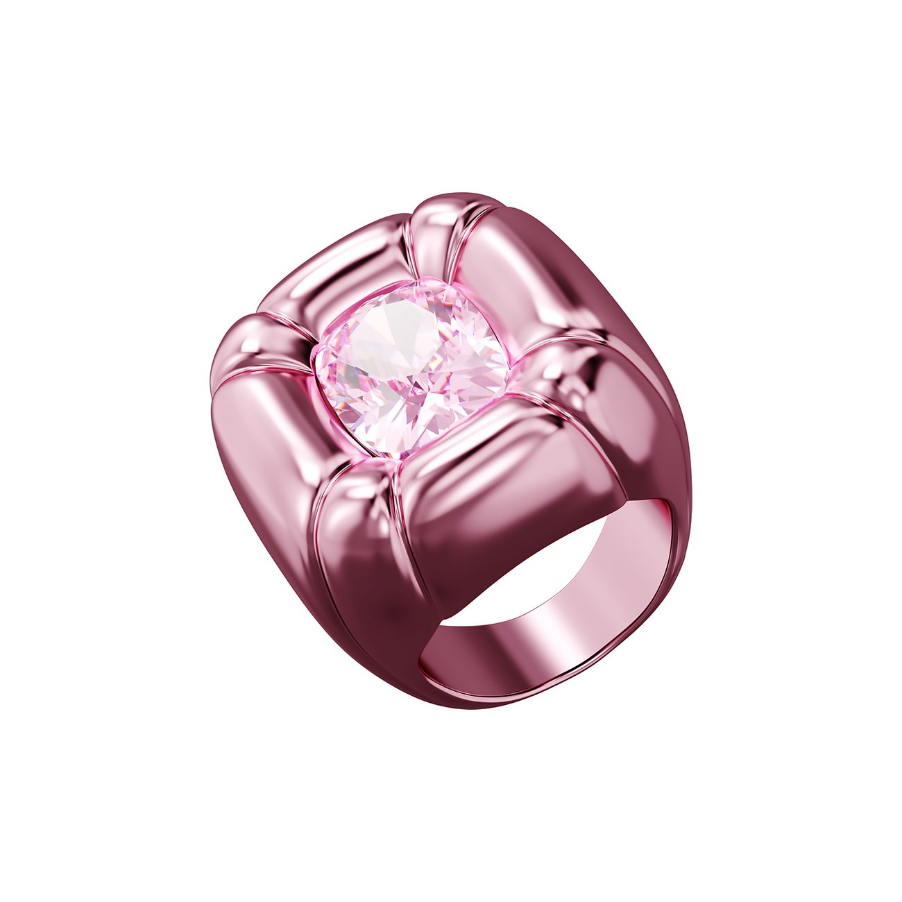 Swarovski Ring aus rosa Aluminium mit einem großen, quadratischen, pinkfarbenen Swarovski-Kristall in der Mitte.