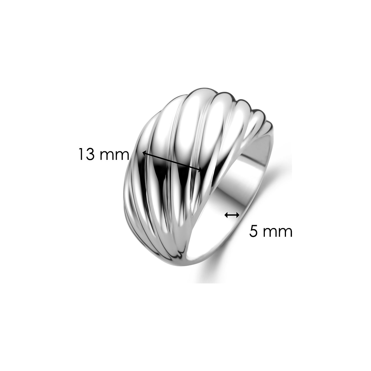 Ti Sento - Milano 925er Silberring mit geschwungener Rillenstruktur, Ansicht mit Abmessungen 13 mm mal 5 mm.