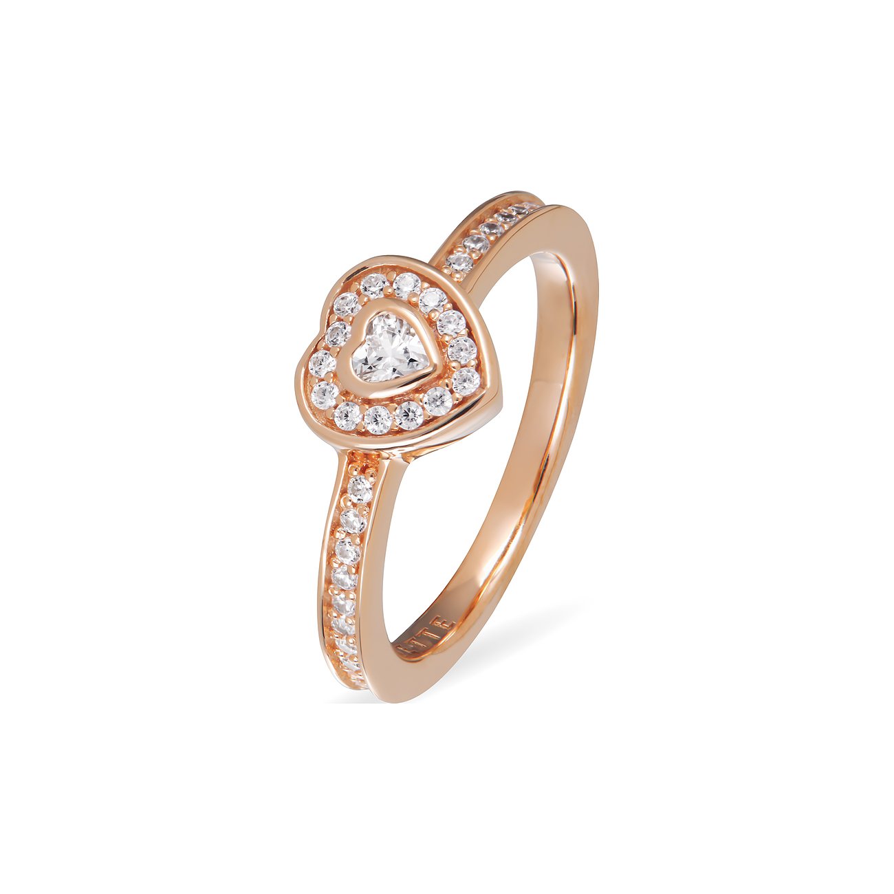 JETTE Damenring aus rosévergoldetem 925er Silber mit Zirkonia-Steinen. Ein herzförmiger Zirkonia wird von einem Halo umrahmt.