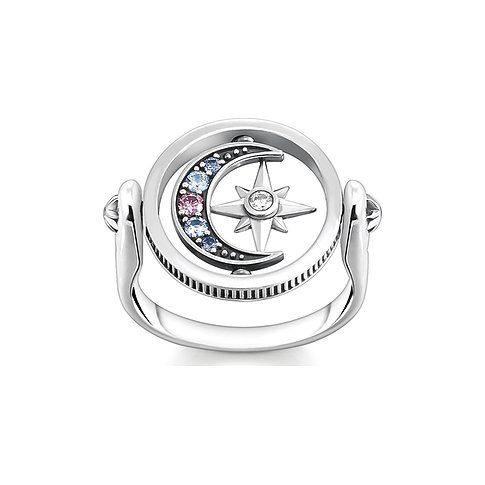 Bague Thomas Sabo en argent avec partie centrale rotative, ornée d'un croissant de lune avec gemmes colorées et étoile.