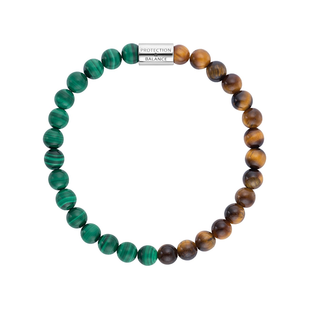 Engelsrufer Armband aus 925er Silber mit runden Malachit- und Tigerauge-Farbsteinperlen und einem gravierten Verschluss.