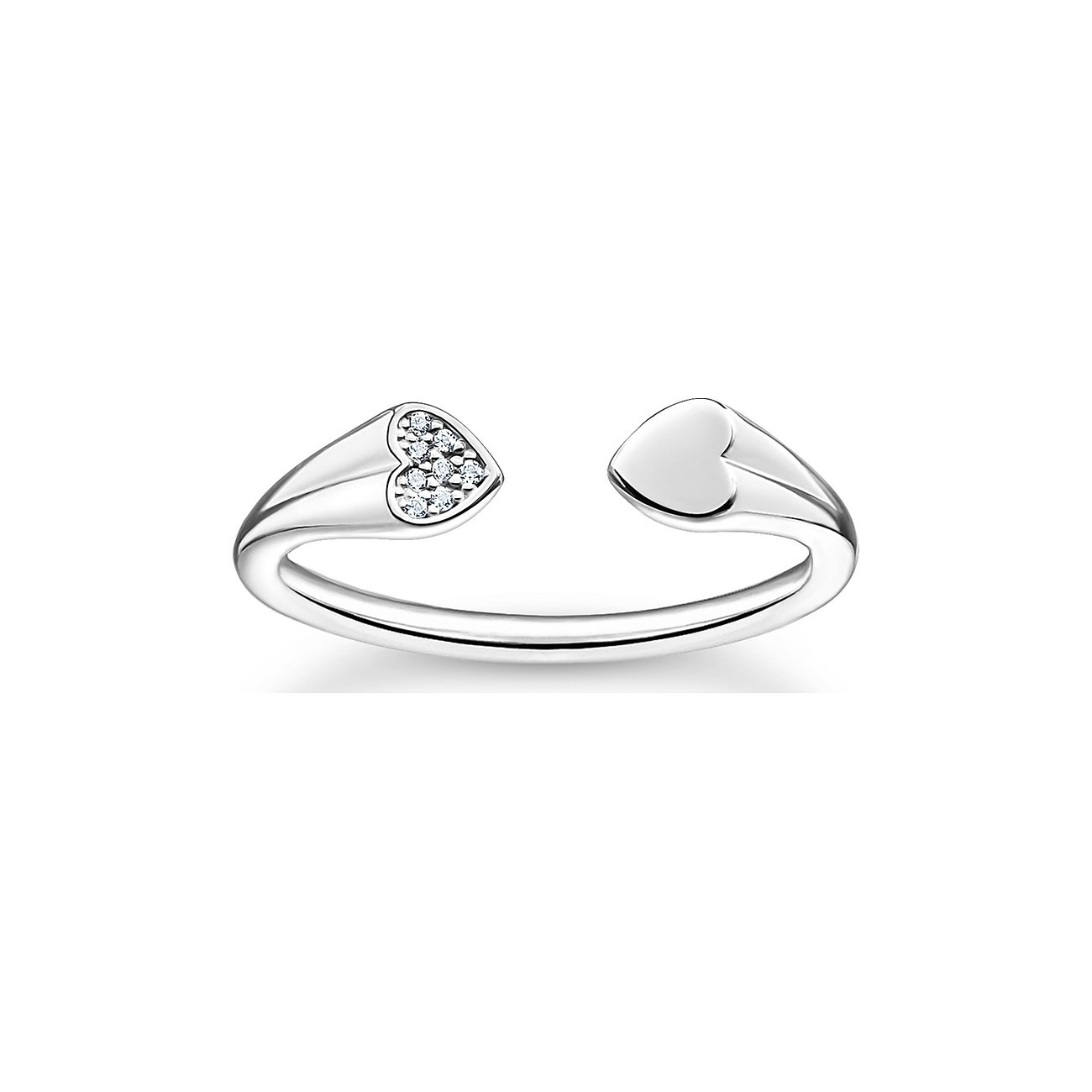 Thomas Sabo Ring aus Silber mit zwei Herzformen auf den Enden, eines davon mit weißen Zirkonia-Farbsteinen besetzt.