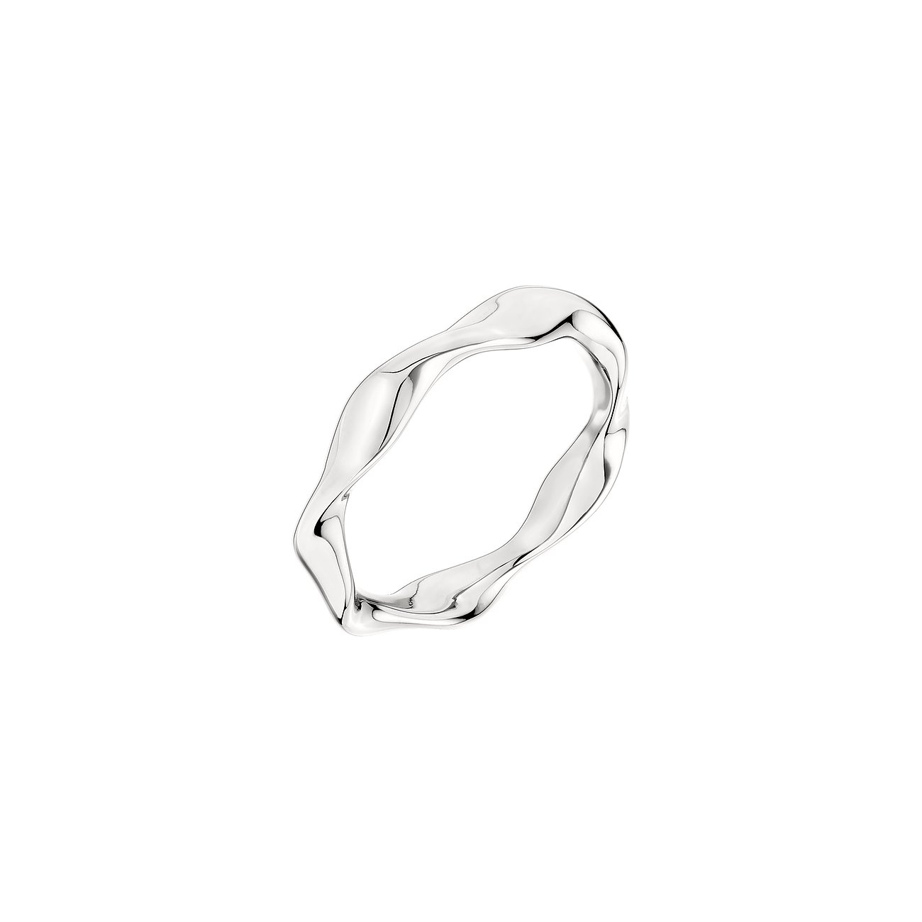 Liebeskind Ring aus silberfarbenem Edelstahl mit gewelltem, organischem Design auf weißem Hintergrund.