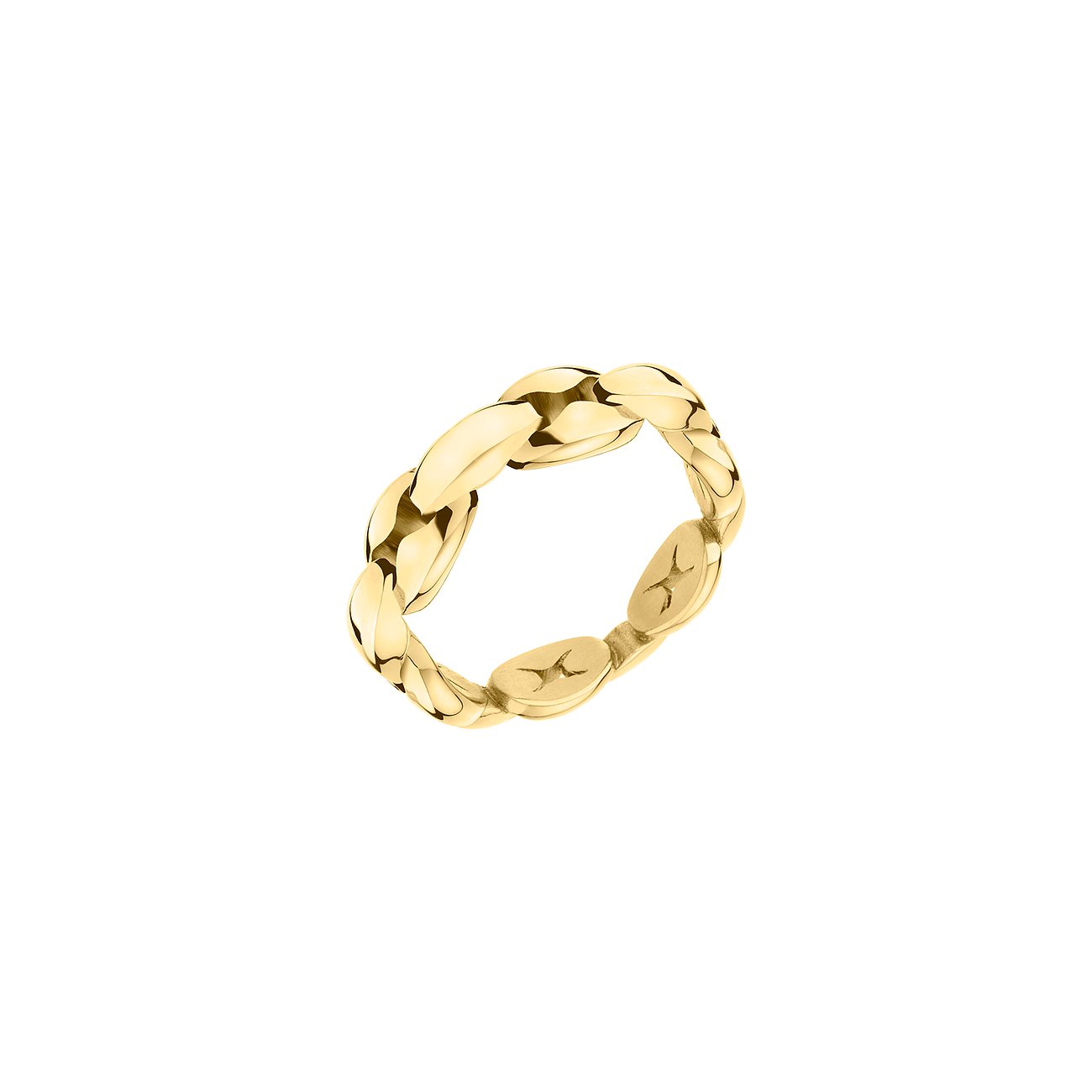 Ein gelbgoldener Liebeskind Ring aus Edelstahl, geformt wie eine gedrehte Kette mit flachen Gliedern mit Sternprägung.