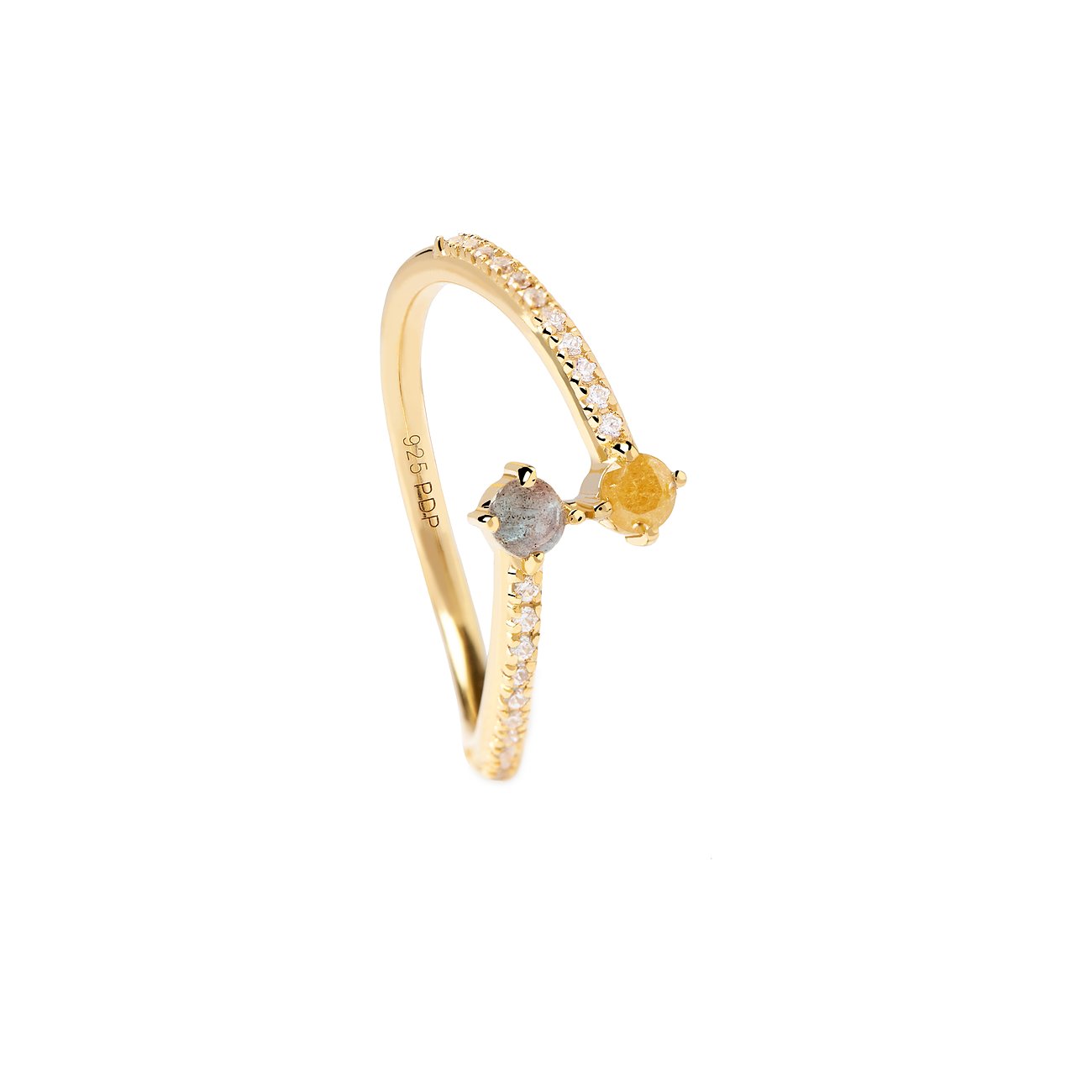 Offener PdPaola Ring aus vergoldetem 925er Silber mit Labradorit, gelbem Farbstein & seitlichen Zirkonia.